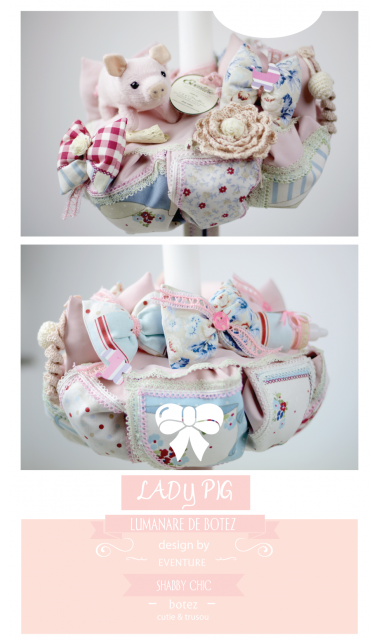 Lumanare de botez shabby chic pentru fetite, 65x4 cm, Lady Pig  2